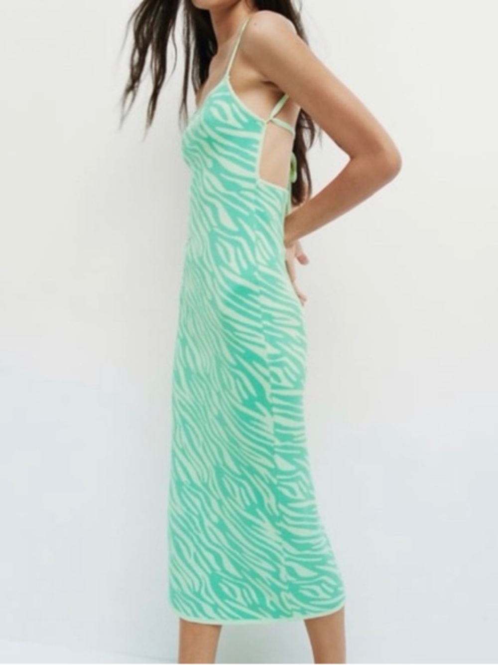 Zara Green Zebra-print Knit Midi Dress Size medium